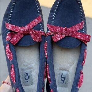 UGG Navy Moccasins with Patterned Red Bows